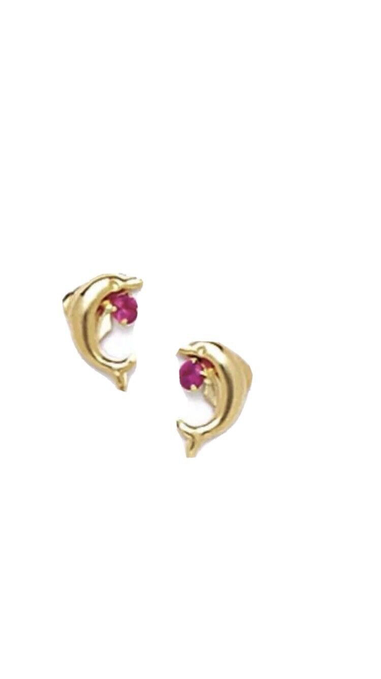 14K Solid Yellow Gold Ruby July Birthstone Dolphin Stud Earrings Screw ER-S373-7