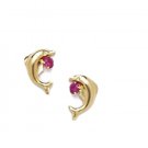 14K Solid Yellow Gold Ruby July Birthstone Dolphin Stud Earrings Screw ER-S373-7