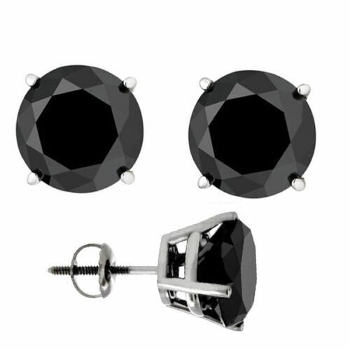 14K SOLID WHITE GOLD 3.01 TCW ROUND BLACK DIAMOND SCREW BACK STUD EARRINGS