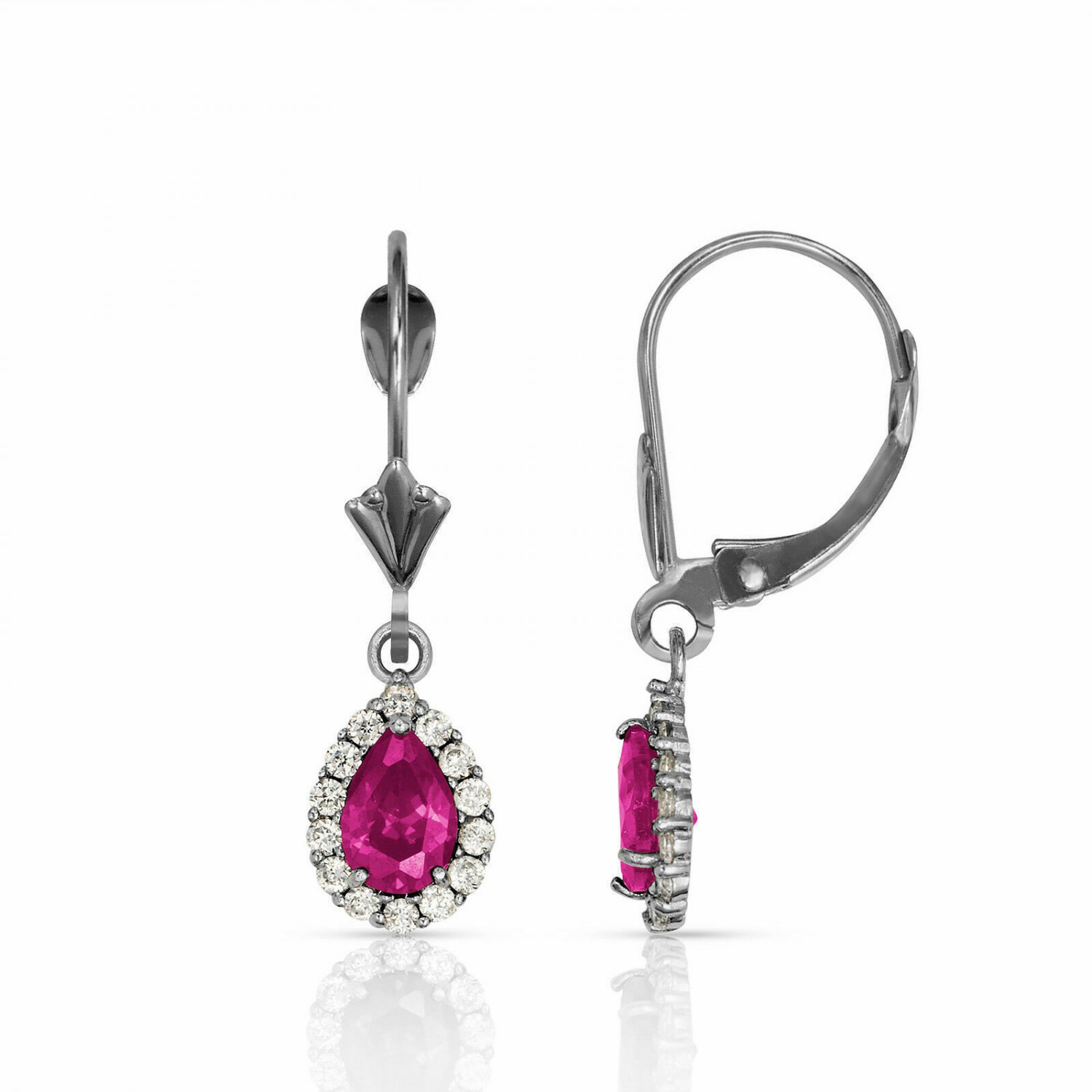 14K White Gold 2.25 CTW Halo Ruby Pear Tear Drop Dangle Lever Back Earrings