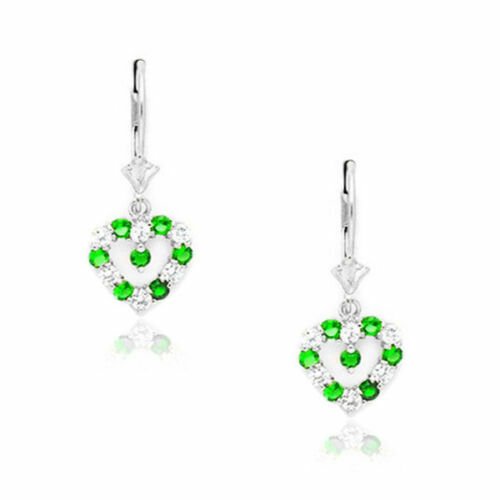 14K White Gold Ladies MAY Birthstone Heart Shape Lever Back Drop Earrings