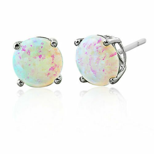 14K WHITE GOLD 7MM Plated 925 Silver Round White Opal Solid Stud Earrings