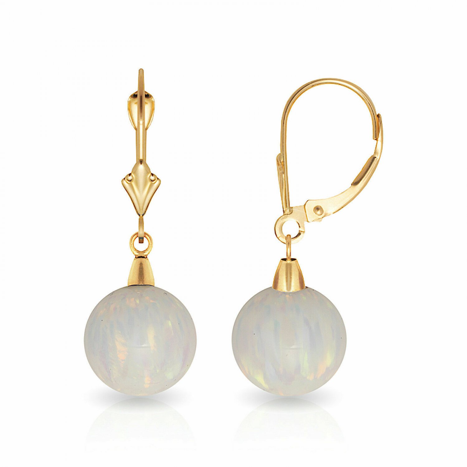 14K Yellow Gold 9MM Ball Shaped White Fire Opal Lever Back Dangle Earrings