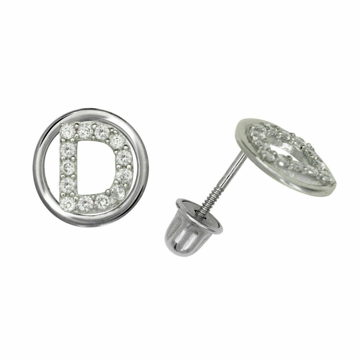 14K White Gold Letter "D" Initial Round Child  Screw Back Stud Earrings