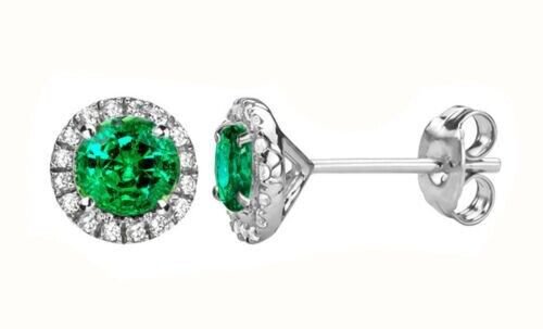 8.5 MM Emerald Gemstone Stud Halo Round Sterling Silver Earrings Push Back