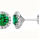 8.5 MM Emerald Gemstone Stud Halo Round Sterling Silver Earrings Push Back