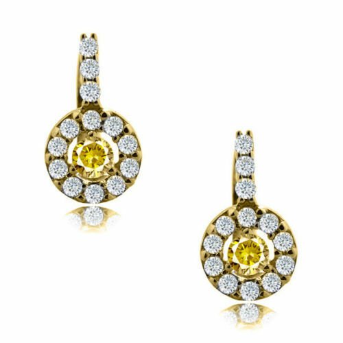 14K Yellow Gold Plated Silver NOVEMEBR Birthstone Halo Drop Lever Back Earrings