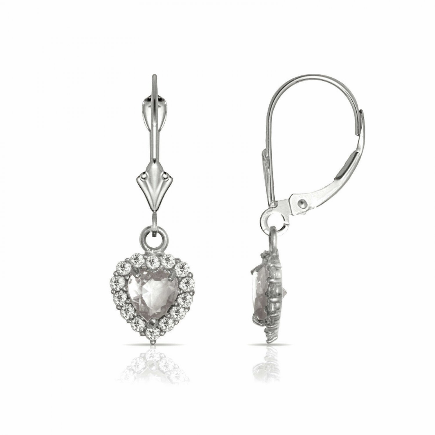 14K White Gold White Sapphire Halo Heart Dangle Lever Back Earrings