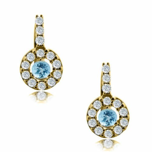 14K Yellow Gold Plated Silver MARCH Birthstone Halo Drop Lever Back Earrings