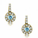 14K Yellow Gold Plated Silver MARCH Birthstone Halo Drop Lever Back Earrings