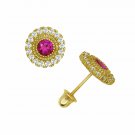 14K Solid Yellow Gold Brilliant Round Cut Halo Ruby Screw Back Stud Earrings