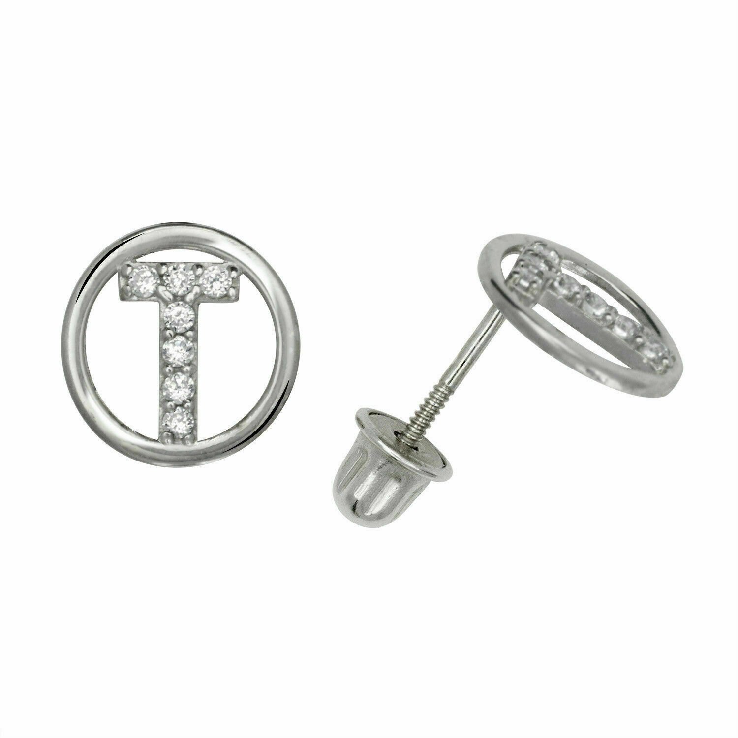 Letter "T" Initial Round Child Stud Earrings Screw Back 14K White Gold