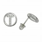 Letter "T" Initial Round Child Stud Earrings Screw Back 14K White Gold