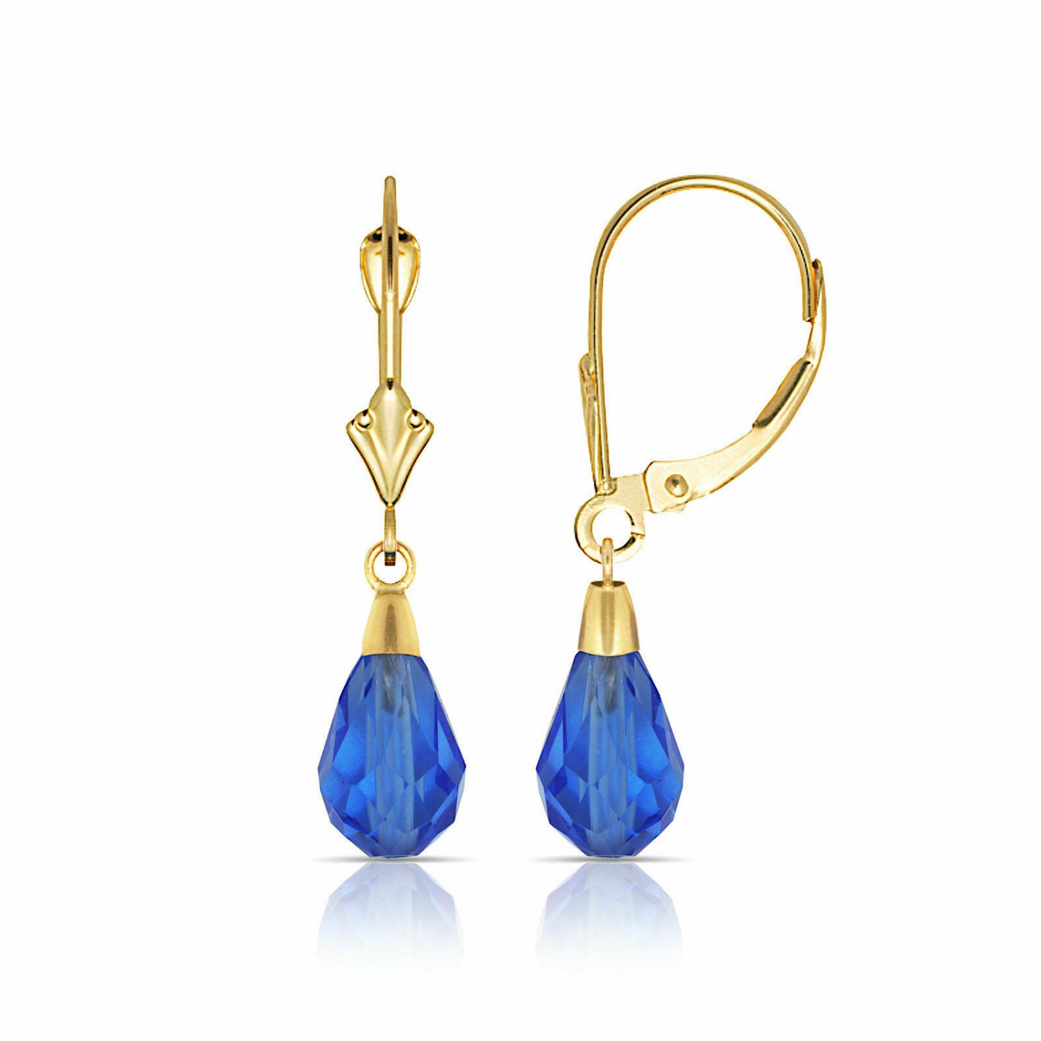 14K Solid Yellow Gold Tear Drop Shaped Sapphire Dangle Drop Leverback Earrings