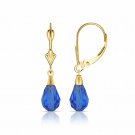14K Solid Yellow Gold Tear Drop Shaped Sapphire Dangle Drop Leverback Earrings
