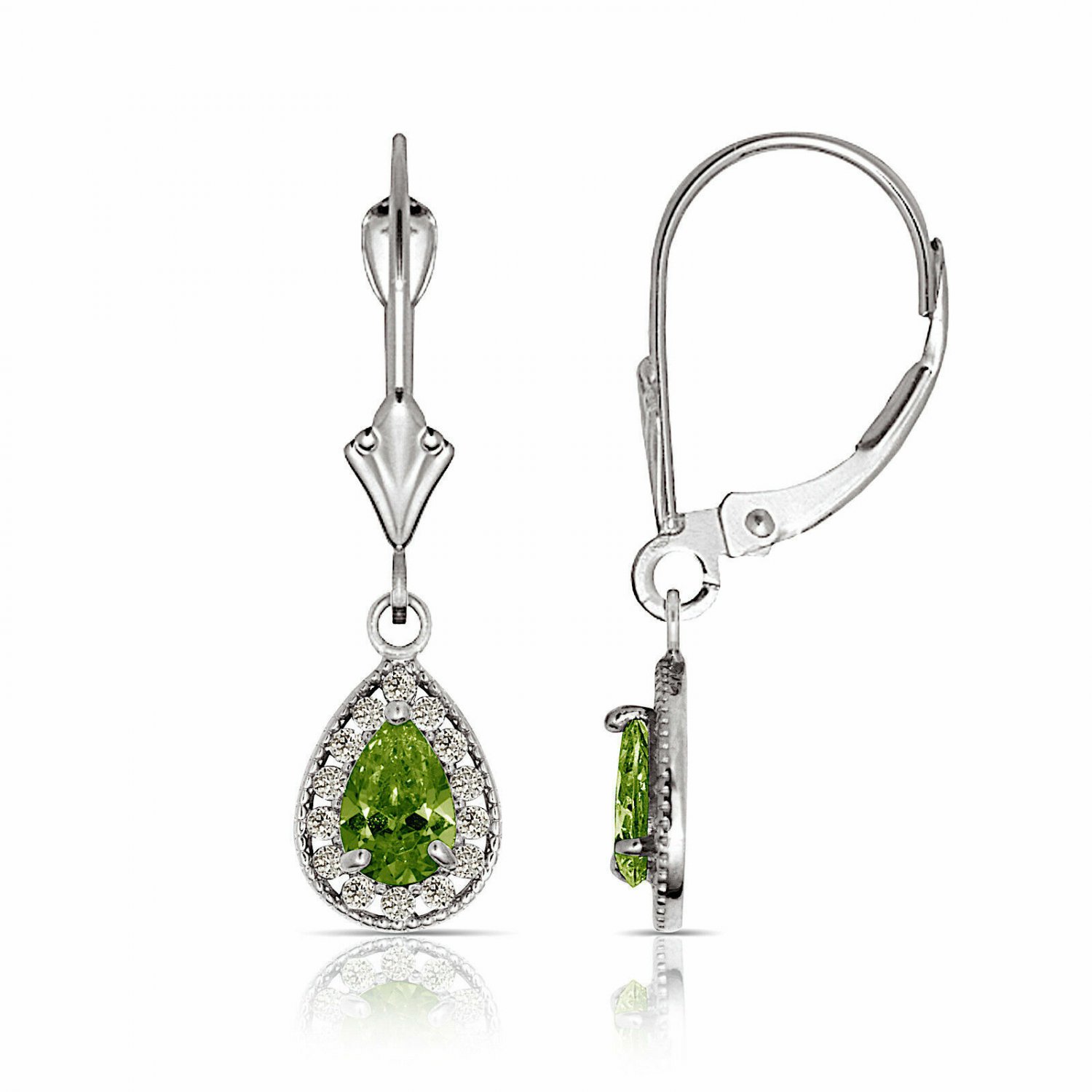 14K White Gold  1.65 CTW Halo Peridot Pear Tear Drop Dangle Leverback Earrings