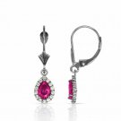 2.25CT 14K White Gold Halo Ruby Pear Tear Drop Dangle Leverback Earrings