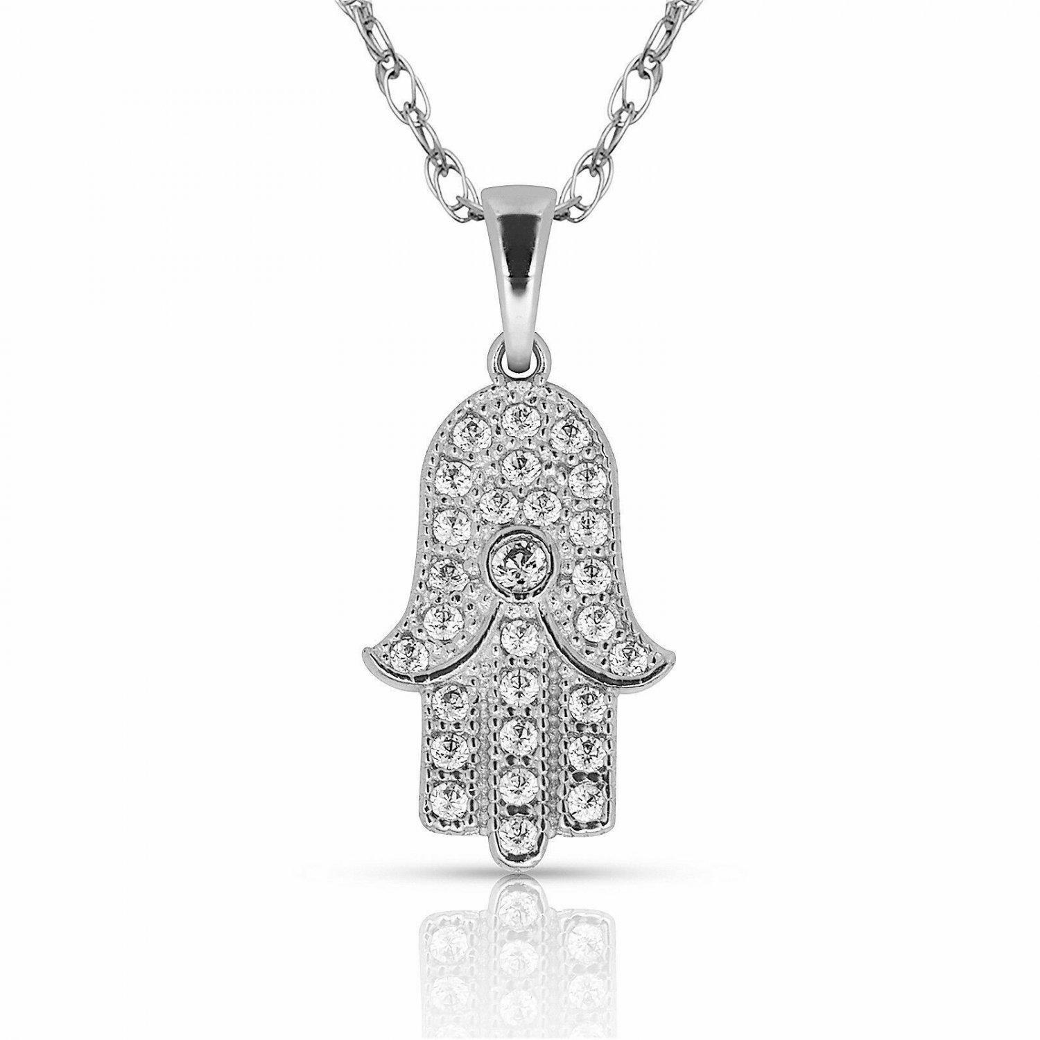 14K WhiteGold 0.15TC Brilliant  HAMSA Hand Charm Pendant & CHAIN 18"