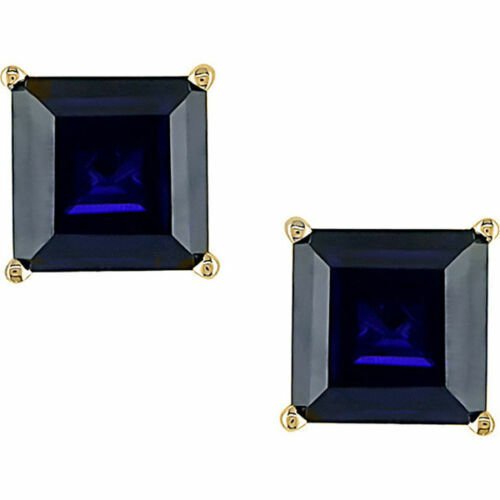 14K SOLID YELLOW GOLD 3.60 CARAT 7MM  PRINCESS CUT BLUE SAPPHIRE STUD EARRINGS