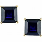 14K SOLID YELLOW GOLD 3.60 CARAT 7MM  PRINCESS CUT BLUE SAPPHIRE STUD EARRINGS