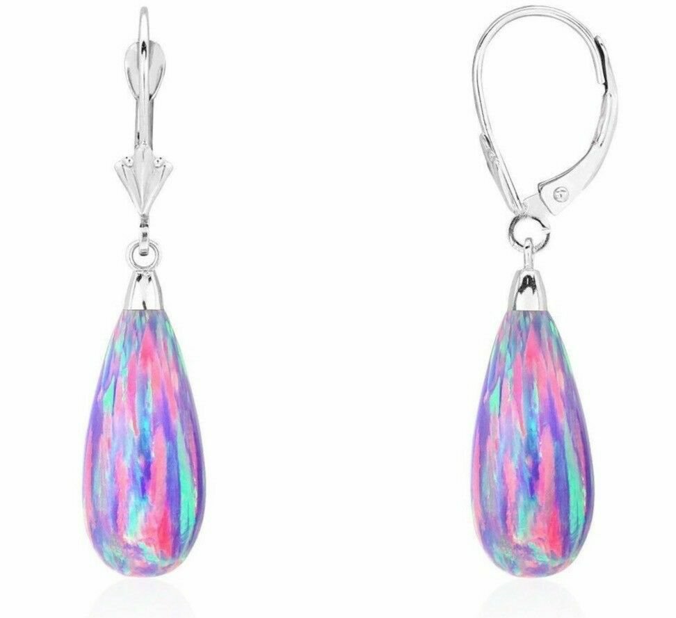 14K White Gold Tear Drop Shaped Purple Fire Opal Lever back Dangle Earrings
