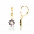 14K YELLOW GOLD 1CT White Sapphire & Amethyst Flower  Lever Back Earrings