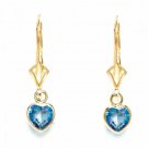 14K Gold Blue Topaz December Birthstone Dangle Heart Lever Back Earrings