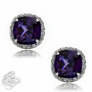 Women 2.49CT 925 Silver Halo Cushion Cut Amethyst & White Sapphire Stud Earrings