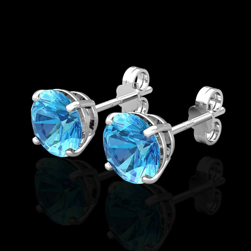 14K Real White Gold 2CT Created Blue Topaz  Round Solitaire Basket Stud Earrings