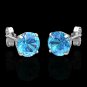 14K Real White Gold 2CT Created Blue Topaz  Round Solitaire Basket Stud Earrings