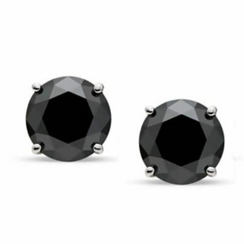 2.00 CARAT 14K WHITE GOLD ROUND BLACK DIAMOND STUD EARRINGS SOLID SETTING PUSH