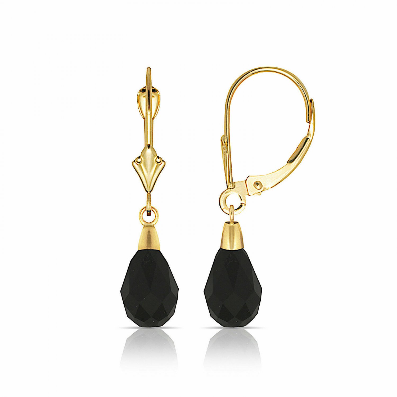 14K Yellow Gold Tear Drop Shaped Black Sapphire Dangle Drop Leverback Earrings