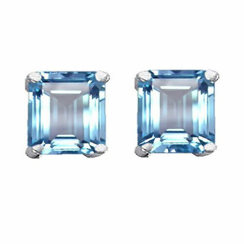 14K SOLID WHITE GOLD 1.50 CARAT 5MM PRINCESS CUT AQUAMARINE STUD EARRINGS