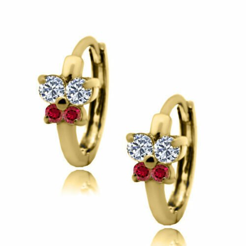 14K Yellow Gold Birthstone Gemstone White Ruby Huggie Butterfly Earrings