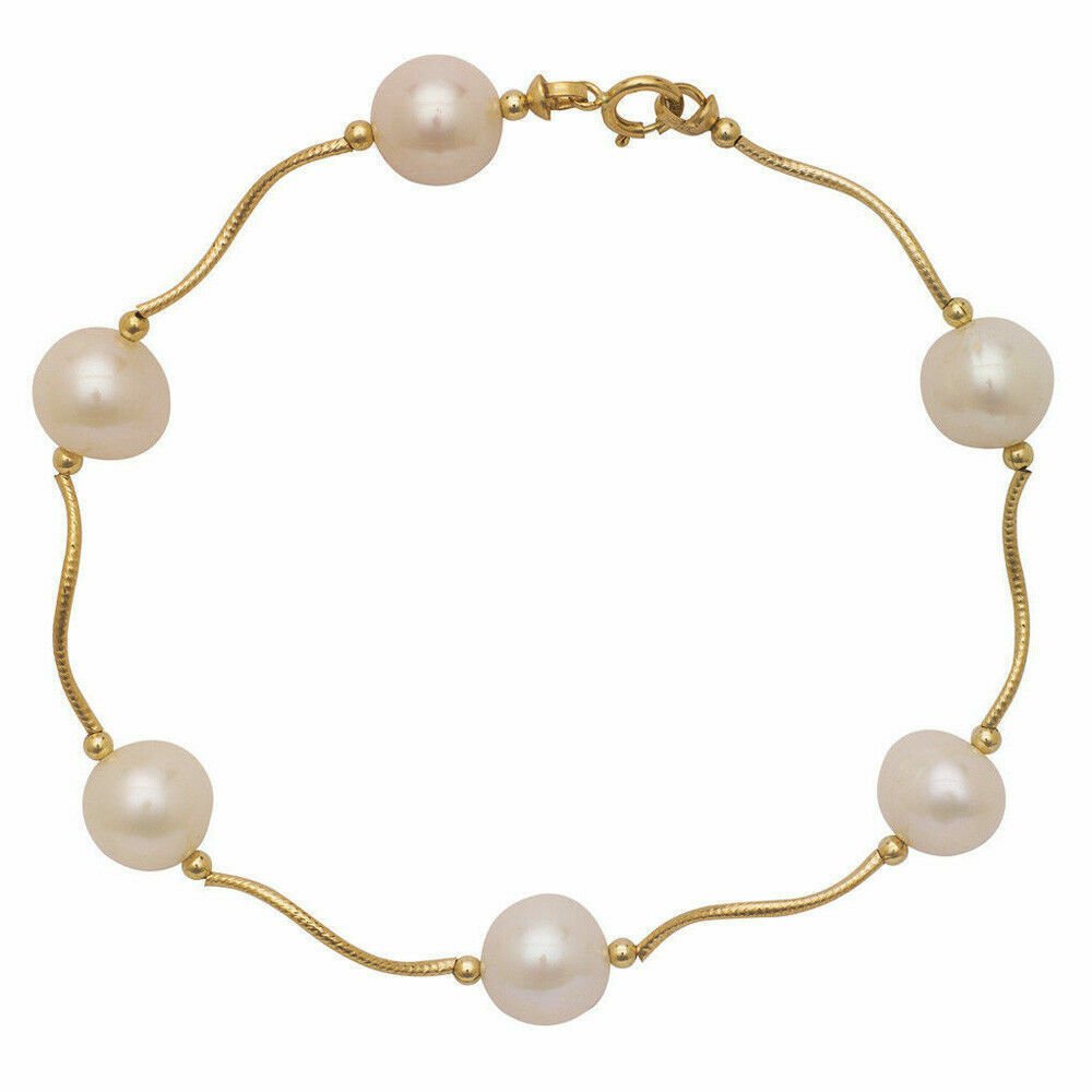 NEW 14K Yellow Gold 7MM 7.5 Inch White Freshwater Pearl Beaded Bracelet