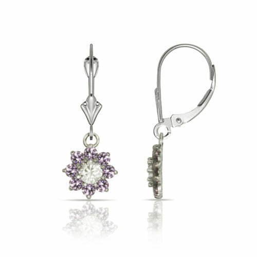 14K Gold 1CT White Sapphire & Amethyst Flower Cluster Dangle Leverback Earrings
