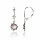 14K Gold 1CT White Sapphire & Amethyst Flower Cluster Dangle Leverback Earrings