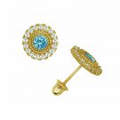 14K Yellow Gold Brilliant Round Cut Halo Topaz  Screw Back  Stud Earrings