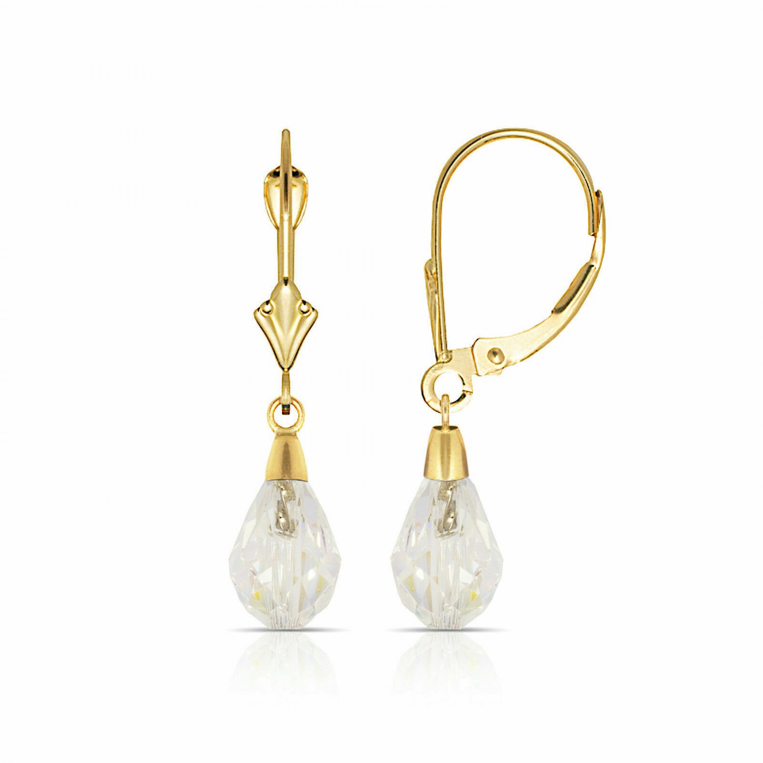 14K Yellow Gold Tear Drop Shaped White Topaz Dangle Drop Lever Back Earrings