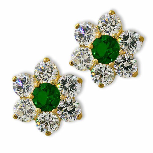 925 YELLOW SILVER 1.50 CARAT FLOWER EMERALD/WHITE SAPPHIRE SCREW BACK EARRINGS