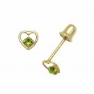 14K Yellow Gold  Baby Girl Peridot Birthstone Heart Shape Stud Earrings Screw