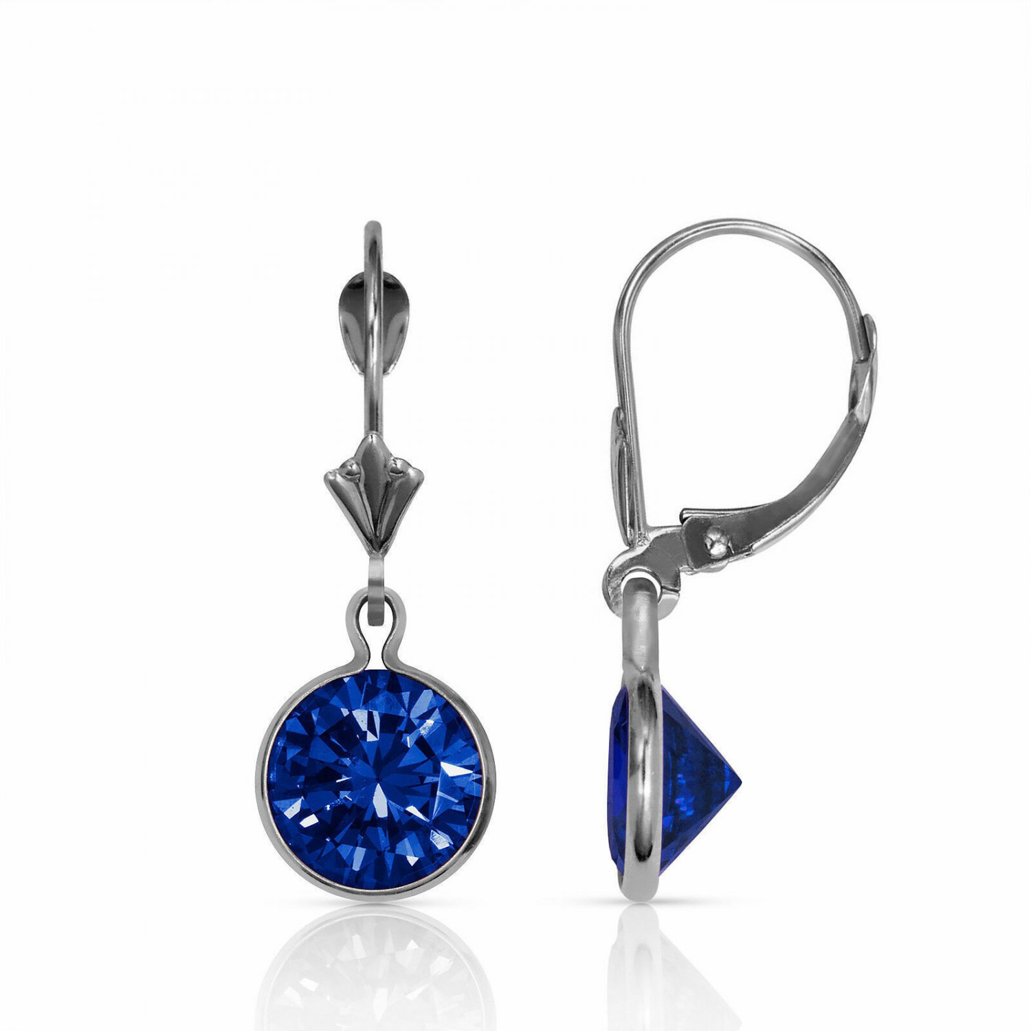 14K White Gold Sapphire Bezel Set Round Shaped Lever Back Dangle Earrings