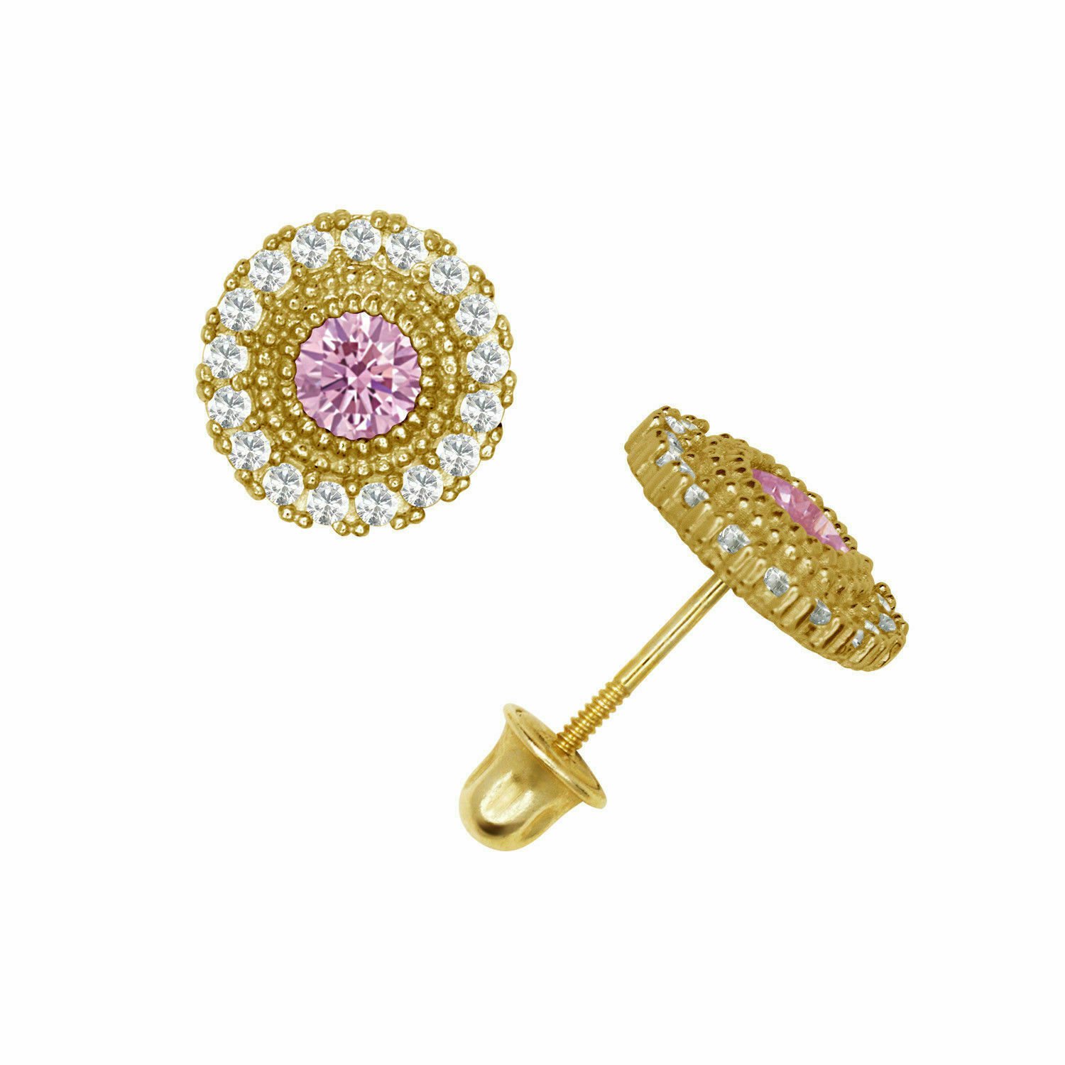 14K Yellow Gold Brilliant Round Cut Halo Pink Sapphire  Screw Back Stud Earrings