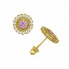 14K Yellow Gold Brilliant Round Cut Halo Pink Sapphire  Screw Back Stud Earrings