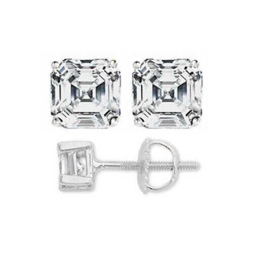 1Ct Asscher Cut Earrings Studs Real 14K White Gold Brilliant Screw Back
