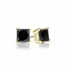14K Yellow Gold 2CT Black AAA Princess Cut Enhanced Diamond  SCREWBACK EARRINGS