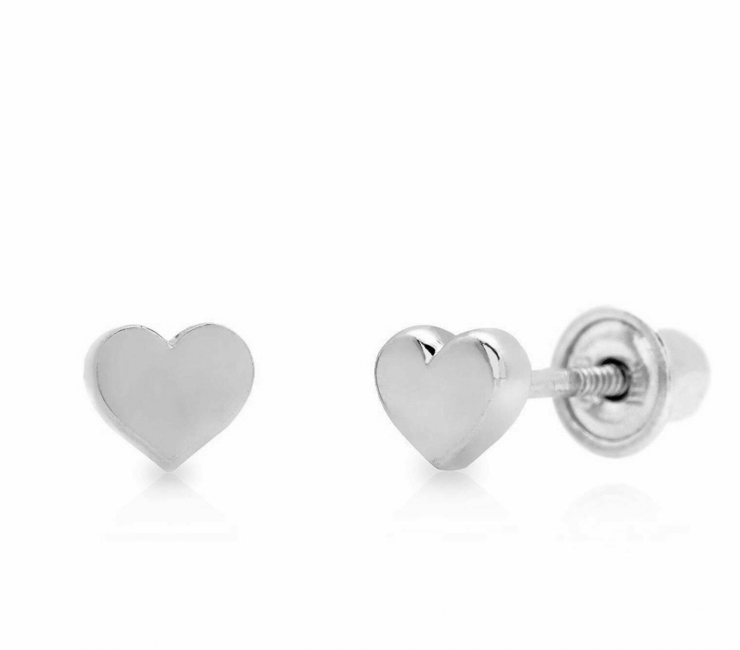 14K Solid White Gold 4MM Small Heart Shape Screw Back Stud Earrings