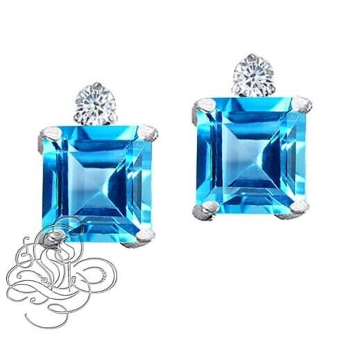 2.49CT STYLISH 925 STERLING SILVER PRINCESS CUT BLUE TOPAZ STUD EARRINGS 6X6MM