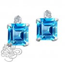 2.49CT STYLISH 925 STERLING SILVER PRINCESS CUT BLUE TOPAZ STUD EARRINGS 6X6MM