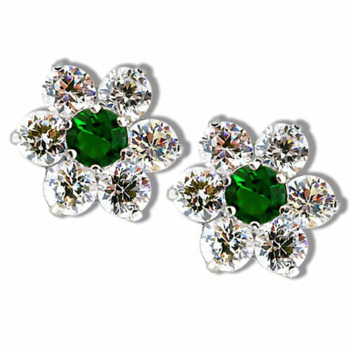 925 WHITE GOLD 1.50 CARAT FLOWER EMERALD/WHITE SAPPHIRE SCREW BACK EARRINGS